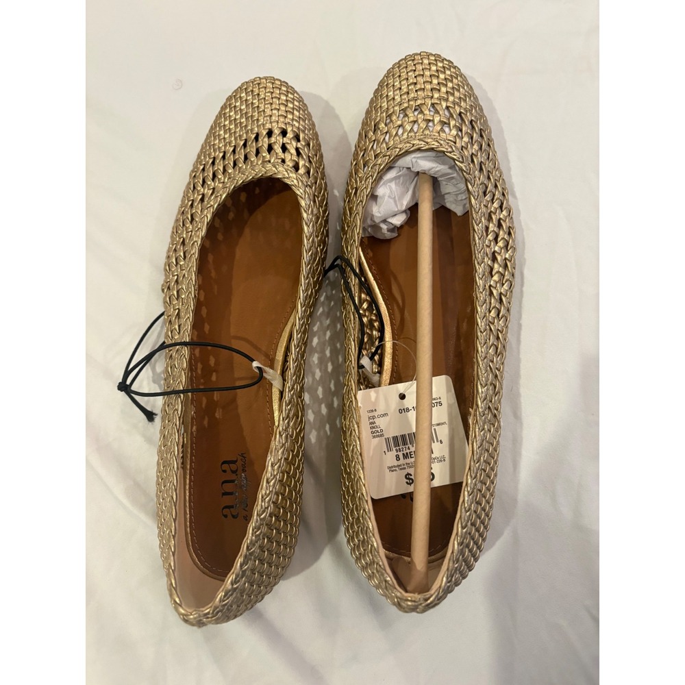 a.n.a Knoll Gold Woven Ballet Flats Metallic Slip On Shoes 018-1004 0075